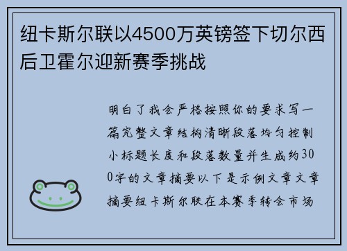 纽卡斯尔联以4500万英镑签下切尔西后卫霍尔迎新赛季挑战